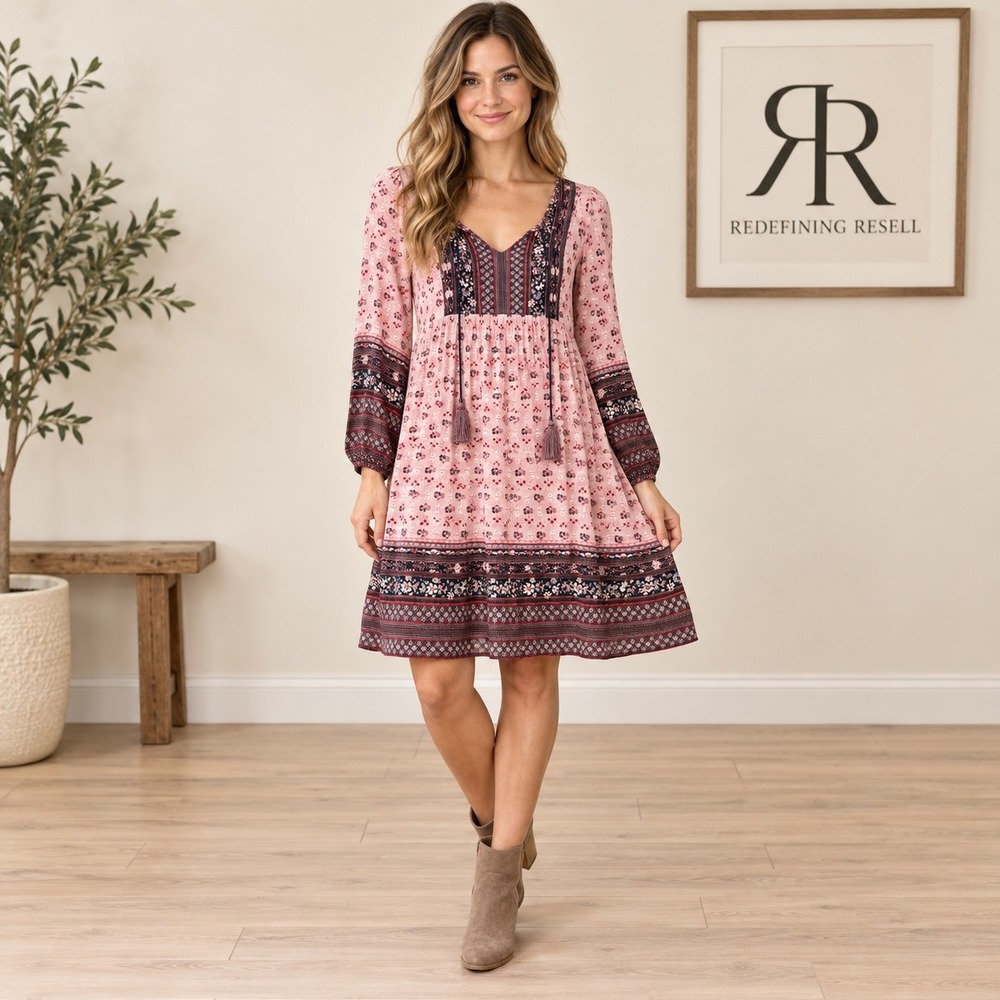 Knox Rose Pink Floral Boho Tassel Tie Long Sleeve Dress Medium